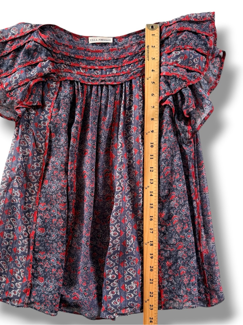 Ulla Johnson Red and Navy Floral Ruffle Cap-Sleeve Top - Picture 5 of 7